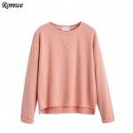 ROMWE Casual Tee Shirts For Women Autumn Plain Pink Round Neck Long Sleeve Drop Shoulder High Low Cuffed T-shirt