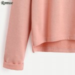 ROMWE Casual Tee Shirts For Women Autumn Plain Pink Round Neck Long Sleeve Drop Shoulder High Low Cuffed T-shirt