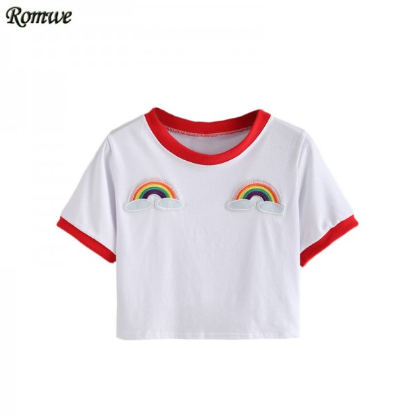ROMWE Contrast Trimmed Rainbow Patch Crop Tees Summer Woman T shirts 2016 Fashion Round Neck Short Sleeve White Casual T-Shirt