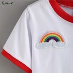 ROMWE Contrast Trimmed Rainbow Patch Crop Tees Summer Woman T shirts 2016 Fashion Round Neck Short Sleeve White Casual T-Shirt