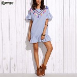 ROMWE Ladies Summer Vintage Shift Dresses Women Blue Vertical Striped Drop Waist Ruffle Dress With Embroidered Tape Detail