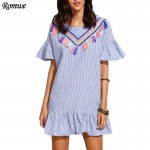 ROMWE Ladies Summer Vintage Shift Dresses Women Blue Vertical Striped Drop Waist Ruffle Dress With Embroidered Tape Detail