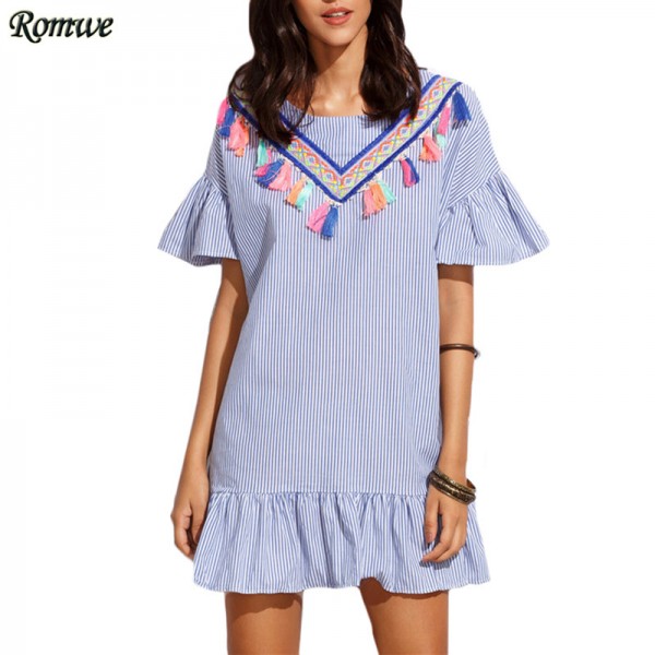 ROMWE Ladies Summer Vintage Shift Dresses Women Blue Vertical Striped Drop Waist Ruffle Dress With Embroidered Tape Detail
