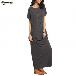 ROMWE Long Shift Dresses For Women Summer Ladies Heather Grey Round Neck Short Batwing Sleeve Casual T-shirt Maxi Dress