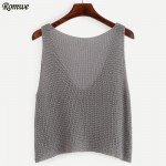 ROMWE Woman Fitness Tank Top Ladies Grey V Neck Sleeveless Casual Knitted Crop Tank Top With Front Pocket Fashion