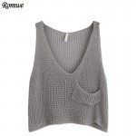 ROMWE Woman Fitness Tank Top Ladies Grey V Neck Sleeveless Casual Knitted Crop Tank Top With Front Pocket Fashion