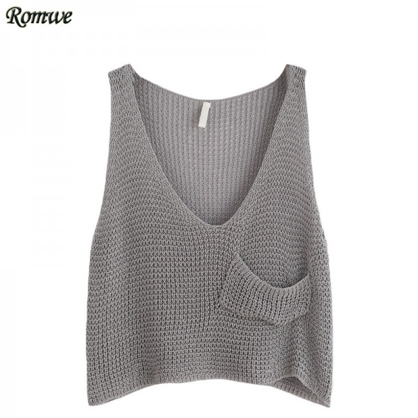 ROMWE Woman Fitness Tank Top Ladies Grey V Neck Sleeveless Casual Knitted Crop Tank Top With Front Pocket Fashion