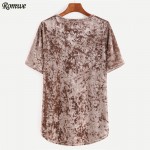 ROMWE Women's T-shirts Slim Women Clothes 2017 Clothing Women Khaki Round Neck Short Sleeve High Low Velvet T-shirt