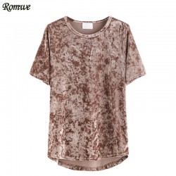 ROMWE Women's T-shirts Slim Women Clothes 2017 Clothing Women Khaki Round Neck Short Sleeve High Low Velvet T-shirt