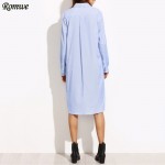 ROMWE Womens Casual High Low Dresses Ladies Blue Striped Long Sleeve Lapel Hidden Button Shirt Dress With Lovely Patch