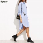 ROMWE Womens Casual High Low Dresses Ladies Blue Striped Long Sleeve Lapel Hidden Button Shirt Dress With Lovely Patch