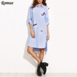 ROMWE Womens Casual High Low Dresses Ladies Blue Striped Long Sleeve Lapel Hidden Button Shirt Dress With Lovely Patch