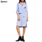 ROMWE Womens Casual High Low Dresses Ladies Blue Striped Long Sleeve Lapel Hidden Button Shirt Dress With Lovely Patch