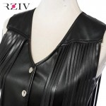 RZIV 2016  woman vest spring fashion vest pure black fringed leather vest