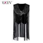 RZIV 2016  woman vest spring fashion vest pure black fringed leather vest