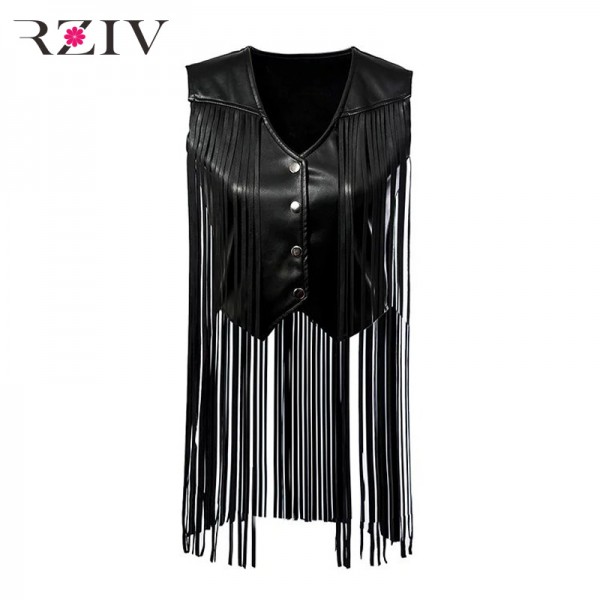 RZIV 2016  woman vest spring fashion vest pure black fringed leather vest