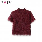 RZIV summer tops 2017 women top short sleeve tee lace top and sexy solid color lace shirt short-sleeved T-shirt 