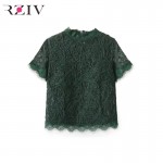 RZIV summer tops 2017 women top short sleeve tee lace top and sexy solid color lace shirt short-sleeved T-shirt 