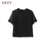 RZIV summer tops 2017 women top short sleeve tee lace top and sexy solid color lace shirt short-sleeved T-shirt 
