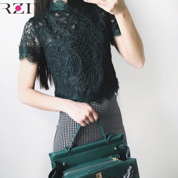 RZIV summer tops 2017 women top short sleeve tee lace top and sexy solid color lace shirt short-sleeved T-shirt 