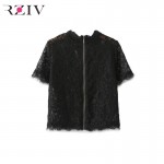 RZIV summer tops 2017 women top short sleeve tee lace top and sexy solid color lace shirt short-sleeved T-shirt 