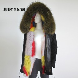 Raccoon Fur Collar Hood Parka with Colorful Real Fox Fur Lining Winter Jacket Out Wear for Women Brand Fashion