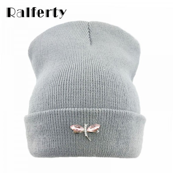 Ralferty Dragonfly Crystal Beanie Hat For Women Hip Hop Cute Winter Hats Caps Female Skullies bonnet femme gorros Sport gorras