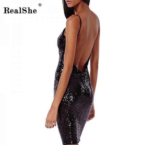 RealShe 2017 Summer Dress Women Sleeveless Backless Sequin Midi Sundress Woman Black Sexy Party Club Dresses Vestidos 