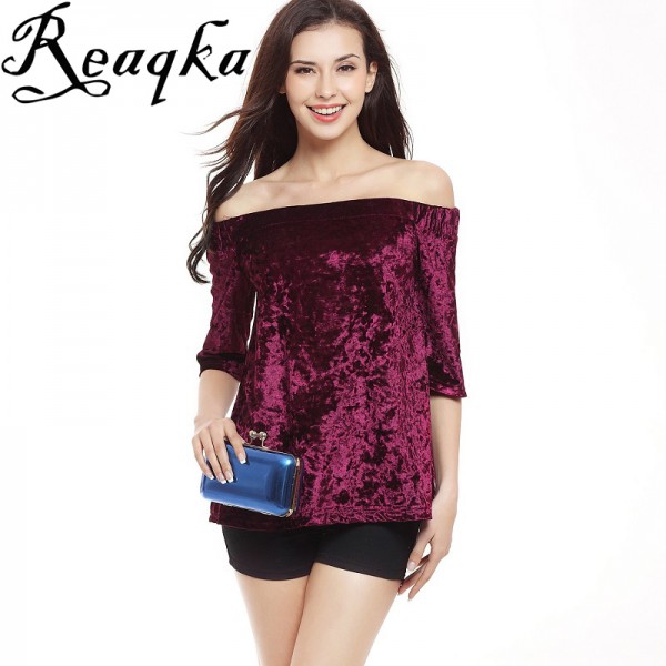 Reaqka 2017 New Summer T Shirt Women Slash Neck Strapless Velvet Pleuche Harajuku Short Sleeve Plus Size T-shirt