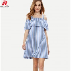 Reaqka Women Off-shoulder Stripes Beach Summer Dress 2018 Sleeveless Loose Fashion Sexy Bandage Mini Dresses Casual Sundress