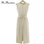 Rebantwa Summer OL Office Dresses Polyester Slim Waist Split Fork Women Dress With the Belt O-neck Vestidos High Quality S-XL