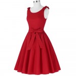 Red Summer Women Dress Spaghetti Strap 1950s Vintage Rockabilly Dress Party Gown Scoop Neck Bow-Knots Big Swing Rockabilly Dress