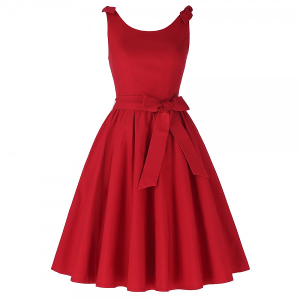Red Summer Women Dress Spaghetti Strap 1950s Vintage Rockabilly Dress Party Gown Scoop Neck Bow-Knots Big Swing Rockabilly Dress