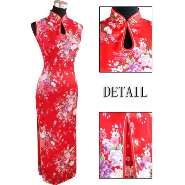 Red Vintage Chinese Women's Silk Rayou Halter Long Cheongsam Qipao Dress Flower Size S M L XL XXL Free Shipping J5111
