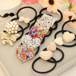 Retro Crystal Imitation Pearl Beads Heart Bow Elastic Hair Band Rubber Hair Clip for Women Girl Headwear Hair Accessories
