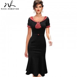 Retro New Vintage Patchwork dress Mickey Polka Dot Belt Short Sleeve women Pinup Summer Work Bodycon Mermaid Pencil Dress B62