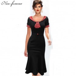 Retro New Vintage Patchwork dress Mickey Polka Dot Belt Short Sleeve women Pinup Summer Work Bodycon Mermaid Pencil Dress B62
