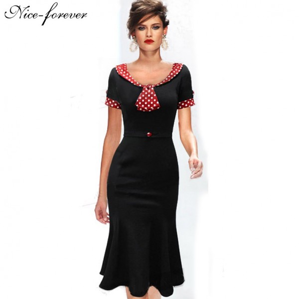 Retro New Vintage Patchwork dress Mickey Polka Dot Belt Short Sleeve women Pinup Summer Work Bodycon Mermaid Pencil Dress B62