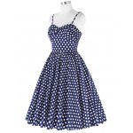 Retro Vintage Spaghetti Straps Polka Dots Flared A-Line Cotton Party Picnic Dress Navy Blue Plus Size Woman Dresses vestidos