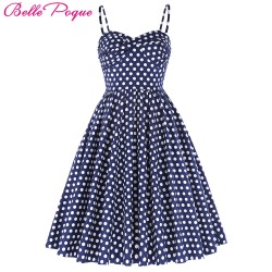 Retro Vintage Spaghetti Straps Polka Dots Flared A-Line Cotton Party Picnic Dress Navy Blue Plus Size Woman Dresses vestidos
