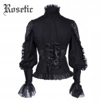 Rosetic Gothic Chiffon Shirts Spring Black Long Sleeve Slim Hollow Lace Fall Long Sleeve Stand Collar Solid Gothic Chiffon Shirt