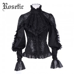 Rosetic Gothic Chiffon Shirts Spring Black Long Sleeve Slim Hollow Lace Fall Long Sleeve Stand Collar Solid Gothic Chiffon Shirt