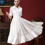 Runway Design Vintage Ancient High Quality Women Lady Spring Summer Turn-down Collar Maxi Robe Long White Dresses Vestidos Femme