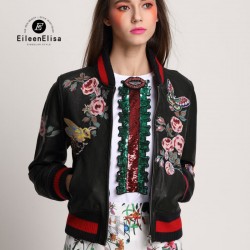 Runway Jacket Coats Leather Jacket Women Black Floral Embroidery Jackets 2017 Luxury Coat