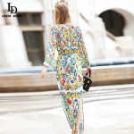 Runway Maxi Dress 2016 Women's Long Sleeve Belted Casual Slit Charming Floral Print Long Dress High Quality Maxi Long Dresses