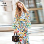 Runway Maxi Dress 2016 Women's Long Sleeve Belted Casual Slit Charming Floral Print Long Dress High Quality Maxi Long Dresses