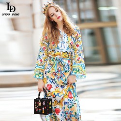 Runway Maxi Dress 2016 Women's Long Sleeve Belted Casual Slit Charming Floral Print Long Dress High Quality Maxi Long Dresses
