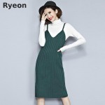 Ryeon Spring Knitted Jumper Dress Sweater Dress Preppy V-neck Retro Solid Color Midi Ladies Sweat Dress Slip Dress