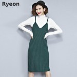 Ryeon Spring Knitted Jumper Dress Sweater Dress Preppy V-neck Retro Solid Color Midi Ladies Sweat Dress Slip Dress