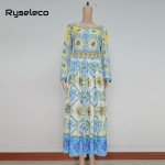 Ryseleco 2017 Spring Fashion European Runway Style Vintage Prints Long Sleeve Casual Maxi Dress Women Elegant Party Vestidos